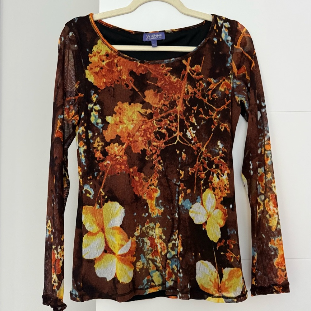 VINTAGE,  Vivienne Tam Brown Mesh Long Sleeve Top, L